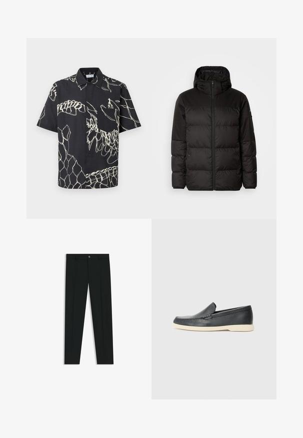 Musta puhvijakku sisältää vetoketjun, hupun, tilkuista koostuvia osioita ja joustavat hihansuut. Se on valmistettu sileästä, vedenpitävästä materiaalista.; Musta lyhythihainen nappipaita, jossa on valkoisia abstrakteja viivakuvioita ja rintatasku, yksivärisellä taustalla.; Musta housut, joissa on suora lahje, valmistettu sileästä kankaasta. Edessä nappisulku ja vyölenkit. Yksinkertainen ilman kuvioita.; Mustat nahkakengät ilman nauhoja, joissa on teksturoitu pinta ja kontrastoiva beige kumipohja. Kengissä on hillitty yksityiskohta etuosassa.