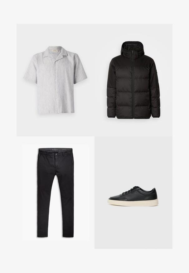 Svart puffjacka med blixtlås, huva, quiltade sektioner och elastiska mudd, tillverkad av ett slätt, vattentåligt material.; Kortärmad skjorta med knappar i ljusblå och vit randig linne. Har en klassisk krage och en rak nederkant, med fem knappar fram.; Svarta bomullsbyxor med tapered passform, som har fem fickor, bältesloopar och en mjuk yta. Dragkedja fram med knäppning.; Svart låg skor i läder med svarta snören och off-white sula, visas i sidoprofil på vit bakgrund.