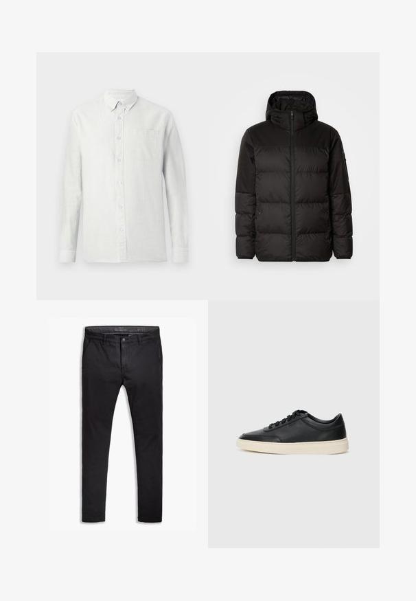 Črna zimska jakna ima zadrgo, kapuco, prešite odseke in elastične manšete, izdelana je iz gladkega, vodoodpornega materiala.; Svetlo obarvana srajca z dolgimi rokavi, navpičnimi črtami, ovratnikom z gumbi in žepom na prsih. Tkanina se zdi teksturirana z mehakim zaključkom.; Črne bombažne chinos hlače s ozkim krojem, ki imajo pet žepov, pasne zanke in gladko teksturo. Zadrga in gumb za zapiranje.; Črne nizke usnjene teniske s črnimi vezalkami in svetlo belo podplatom, prikazane v stranskem profilu na beli podlagi.
