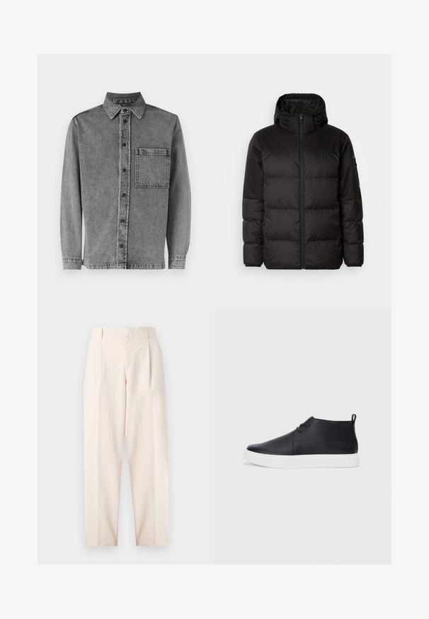 Mustikas puffer-jakk sisaldab tõmblukku, kapuutsi, tikandiga osi ja elastseid mansette, valmistatud siledast veekindlast materjalist.; Hallhallane teksashirt, millel on nööbid all oleva krae, eesmine tasku, pikad varrukad ja klassikaline lõige, millel on peened pleekinud kohad tekstuuri jaoks.; Beežid kohandatud püksid kõrge talje, voltide ja sirge jala disainiga. Valmistatud siledast kangast, küljetaskudega ja puhta viimistlusega.; Mustmust mustatooted, millel on sile nahk, valge kummist tald ja lihtne nööridega kinnitamine. Tagaküljel on tõmbeosadega.