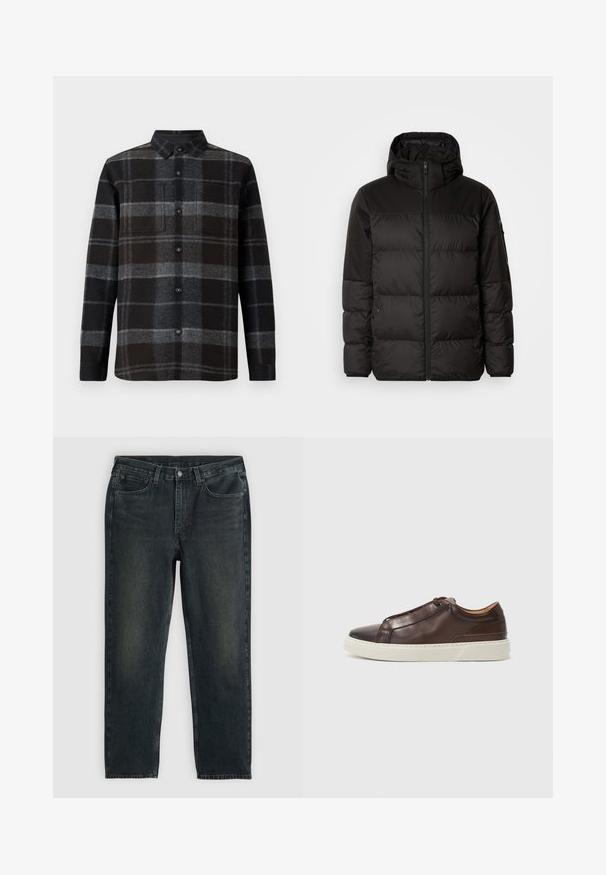 Schwarze Pufferjacke mit Reißverschluss, Kapuze, gesteppten Abschnitten und elastischen Bündchen, hergestellt aus einem glatten, wasserabweisenden Material.; Flanellhemd in schwarz-grauem Karomuster, mit Punktkragen, Knopfleiste und zwei Brusttaschen. Weicher Stoff und lange Ärmel.; Dunkelblaue Jeans aus Denim mit geradem Bein, fünf Taschen, Reißverschluss und kontrastierenden Nähten. Dezente Ausbleichungen im Stoff.; Braune Ledersneaker mit abgerundeter Spitze, kontrastierender weißer Gummisohle, genähten Akzenten und ohne sichtbare Schnürsenkel. Insgesamt glatte Textur.