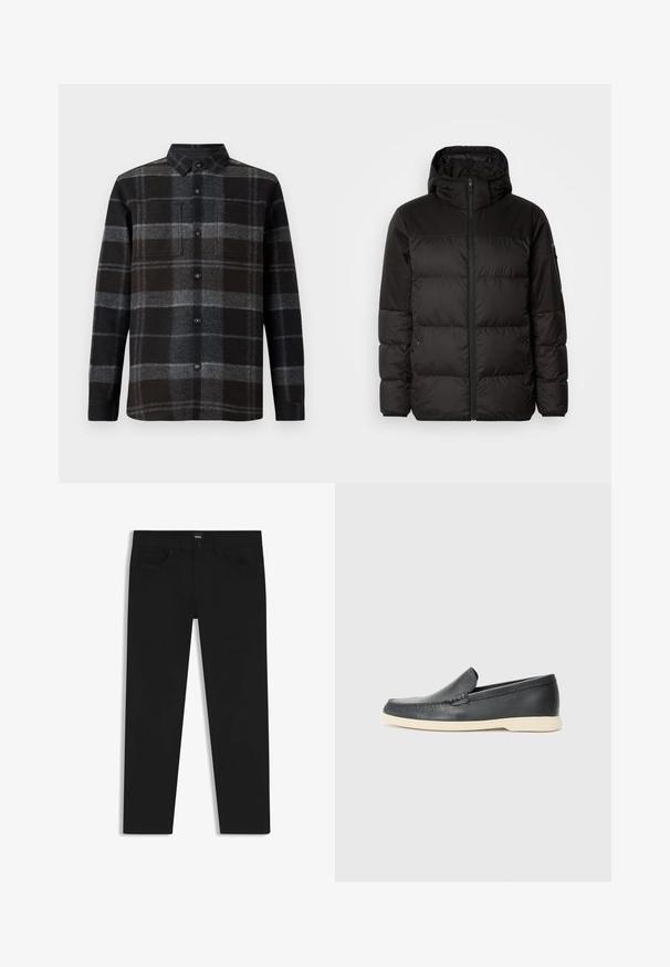 Zwarte pufferjas met ritsluiting, een capuchon, gequiltte secties en elastische manchetten, gemaakt van een glad, waterafstotend materiaal.; Flanellen shirt in zwart en grijs ruitpatroon, met een puntkraag, knoopsluiting aan de voorkant en twee borstzakken. Zachte textuur en lange mouwen.; Zwarte denim broek met een rechte snit, voorzien van een standaard tailleband, vijf zakken en een knoopsluiting. Gladde textuur overal.; Zwarte leren instappers met een gestructureerde afwerking en een contrasterende beige rubberen zool. Beschikt over een subtiele accent langs de voorkant.