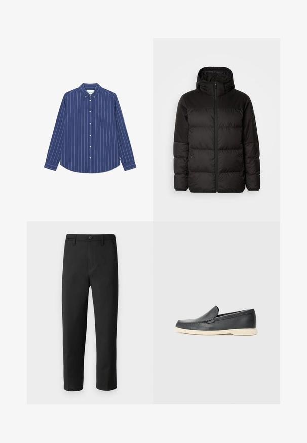 Geacă puffer neagră cu închidere cu fermoar, glugă, secțiuni quilted și manșete elastice, realizată dintr-un material neted, rezistent la apă.; Cămașă bleu cu nasturi, cu dungi verticale albe, mâneci lungi și un buzunar pe piept. Fabricată dintr-un material neted, cu un design al gulerului.; Pantaloni negri cu o croială dreaptă, fabricați dintr-un material neted. Prezintă un închidere cu nasture și bucle pentru curea. Fără modele sau accente vizibile.; Pantofi loafers din piele neagră, cu un finisaj texturat și o talpă din cauciuc bej contrastantă. Au un accent subtil pe partea din față.