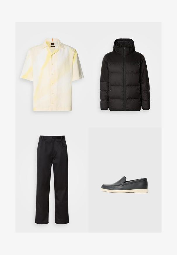 Zwarte pufferjas met ritsluiting, een capuchon, gequiltte secties en elastische manchetten, gemaakt van een glad, waterafstotend materiaal.; Korte mouwen shirt van lichte stof, met een geel-witte tie-dye patroon, een knoopsluiting aan de voorkant en een camp kraag.; Zwarte broek van een gladde stof, met een sluiting met een knoop aan de voorkant, plooien en rechte pijpen. Geen zichtbare patronen of accenten.; Zwarte leren instappers met een gestructureerde afwerking en een contrasterende beige rubberen zool. Beschikt over een subtiele accent langs de voorkant.