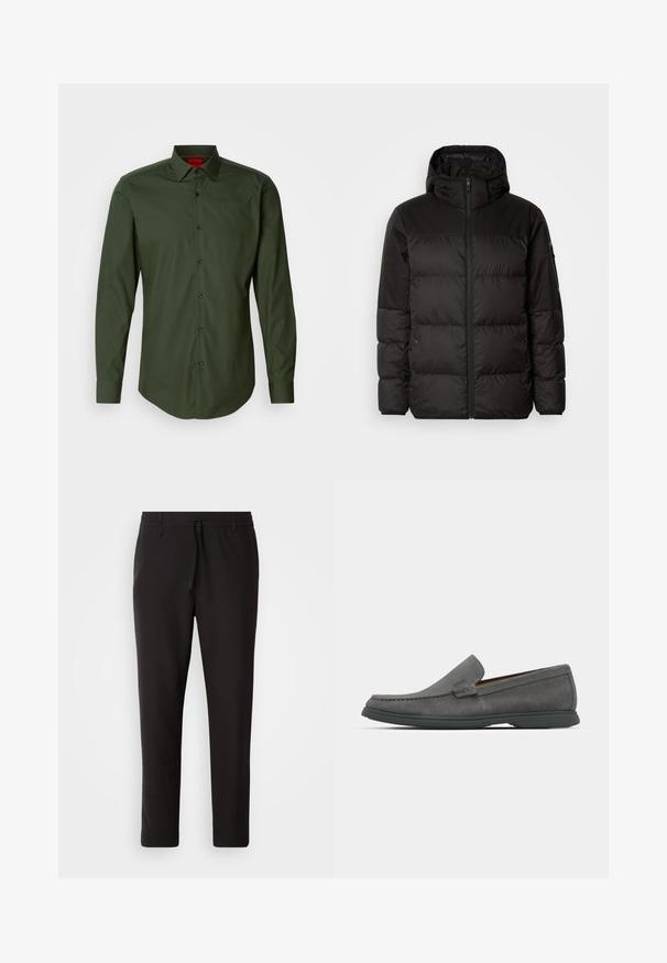 Crna puf jakna ima zatvaranje na zip, kapuljaču, kviltane dijelove i elastične manžete, izrađena je od glatkog, vodootpornog materijala.; Tamnozeleni košulja dugih rukava od glatkog pamuka, s klasičnim kragnom, crnim dugmadima i zakrivljenim rubom. Crveni logotip branda na kragen.; Crne jogger hlače od glatkog materijala. Imaju elastičnu waistband s vezicom, sužene nogavice i bez vidljivih džepova. Jednostavan dizajn.; Sive kuglaste mokasine od antilopa s prošivenim detaljima i niskim gumenim đonom. Imaju dizajn za lako obuvanje bez vidljivih dodataka.