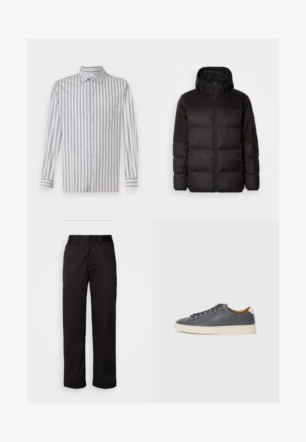 La chaqueta acolchada negra tiene un cierre de cremallera, capucha, secciones acolchadas y puños elásticos, hecha de un material suave y resistente al agua.; Camisa de botones en gris claro con rayas verticales blancas, mangas largas, cuello, un bolsillo en el pecho y una textura sutil.; Pantalones negros de tela suave, con cremallera, cierre de botón y puños enrollados para un diseño casual.; Zapatilla de cuero gris con puntera redonda, suela de goma, cordones planos y acentos de color claro en el talón. Textura suave y diseño minimalista.