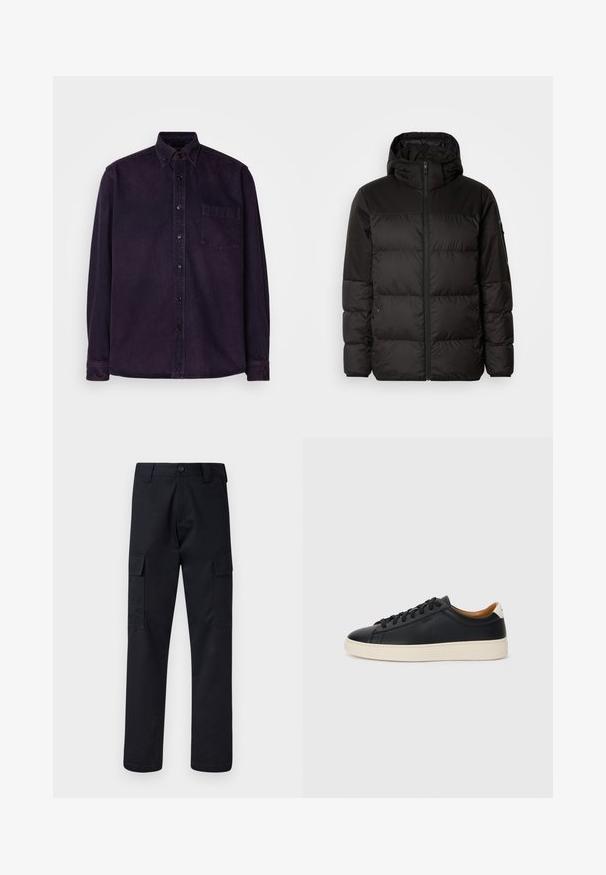 A fekete steppelt dzseki cipzáros záródással, kapucnival, steppelt részekkel és rugalmas mandzsettákkal rendelkezik, sima, vízálló anyagból készült.; Sötét lila, gombos ing pamutból, mellzsebekkel, klasszikus gallérral, hosszú ujjakkal és fekete gombokkal. Sima textúra.; Fekete cargo nadrág, tartós anyagból készült, egyenes szárú fazonnal, két oldalsó zsebbel és gombos záródással a derékon.; Fekete bőr sportcipők sima felülettel, bézs gumitalppal, fűzős dizájnnal és kontrasztos sarkú akcentussal.