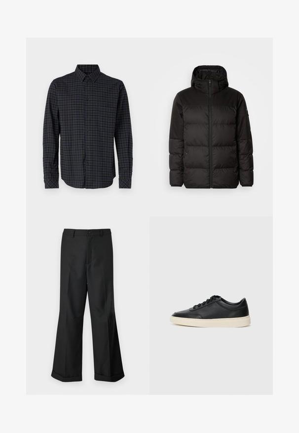 Černá péřová bunda má zipový uzávěr, kapuci, prošívané části a elastické manžety, vyrobená z hladkého, voděodolného materiálu.; Košile s dlouhým rukávem vyrobená z tkaného materiálu, s tmavě modro-zeleným kostkovaným vzorem, zapínáním na knoflíky a špičatým límcem.; Černé kalhoty s širokými nohavicemi, s páskem na knoflíky a zakončením nohavic do manžet, vystavené na čistém bílém pozadí.; Černé kožené nízké tenisky s černými tkaničkami a slonovinovou podešví, zobrazené v bočním profilu na bílém pozadí.