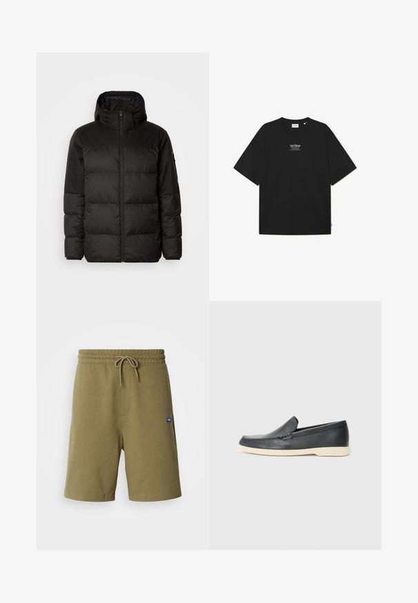 Il giubbotto puffo nero presenta una chiusura con zip, un cappuccio, sezioni trapuntate e polsini elastici, realizzato in un materiale liscio e resistente all'acqua.; T-shirt in cotone nero con vestibilità ampia, scollo rotondo e maniche corte. Presenta un logo in bianco "Les Deux" al centro. Design minimalista.; Shorts sportivi color khaki realizzati in morbido misto cotone, con vita elastica dotata di cordino, tasche laterali e un'applicazione con logo.; Mocassini neri in pelle con finitura testurizzata e suola in gomma beige a contrasto. Presentano un accento sottile lungo la parte anteriore.