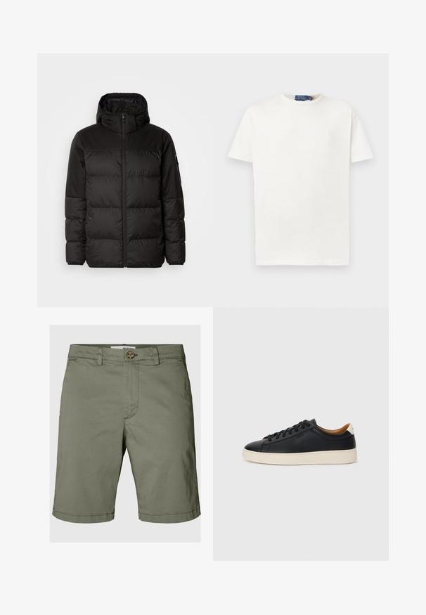 Black puffer jacket features a zip closure, a hood, quilted sections, and elastic cuffs, made from a smooth, water-resistant material.; Plain white short-sleeve crew neck T-shirt with subtle embroidered logo on left chest and branded collar label.; Olive green shorts made of cotton, featuring a button closure, belt loops, and a straight cut with folded hem details.; Black leather sneakers with a smooth texture, beige rubber sole, lace-up design, and a contrasting heel accent.