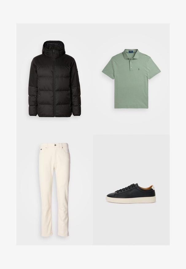 A jaqueta puffer preta apresenta um fecho zip, um capuz, secções acolchoadas e punhos elásticos, confeccionada em um material liso e resistente à água.; Polo verde com riscas brancas, mangas curtas e uma pala de três botões. Apresenta um pequeno logo no lado esquerdo do peito. Textura em mistura de algodão.; Jeans de perna reta em bege claro com fecho de botão, passantes para cinto e bolsos frontais, contra um fundo simples.; Tenis de couro preto com uma textura suave, sola de borracha bege, design de atar e um destaque no calcanhar em contraste.
