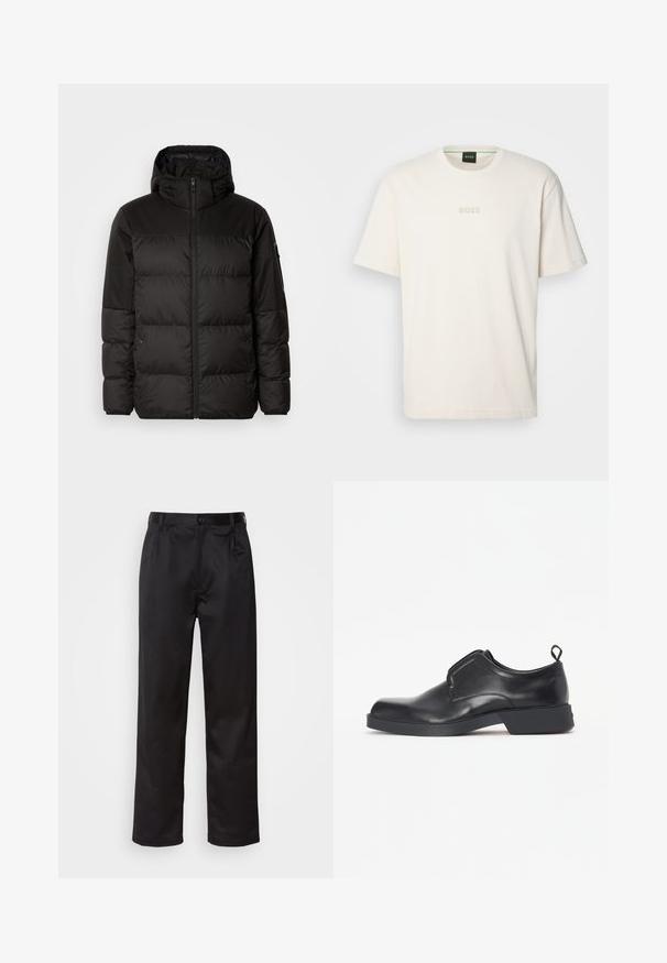 Μαύρο μπουφάν με φερμουάρ, κουκούλα, παραγεμισμένα τμήματα και ελαστικές μανσέτες, κατασκευασμένο από λείο, αδιάβροχο υλικό.; BOSS TEE - Βασικό μπλουζάκι - open white; Μαύρο παντελόνι από λείο ύφασμα, με κλείσιμο μπροστά με κουμπί, πιέτες και ίσια πόδια. Χωρίς ορατά σχέδια ή διακοσμητικά στοιχεία.; Μαύρο δερμάτινο παπούτσι slip-on με στρογγυλή μύτη και ελαφρύ τακούνι, διαθέτοντας μπροστινή επικαλυπτική λεπτομέρεια και μια μικρή θήκη στο πίσω μέρος.
