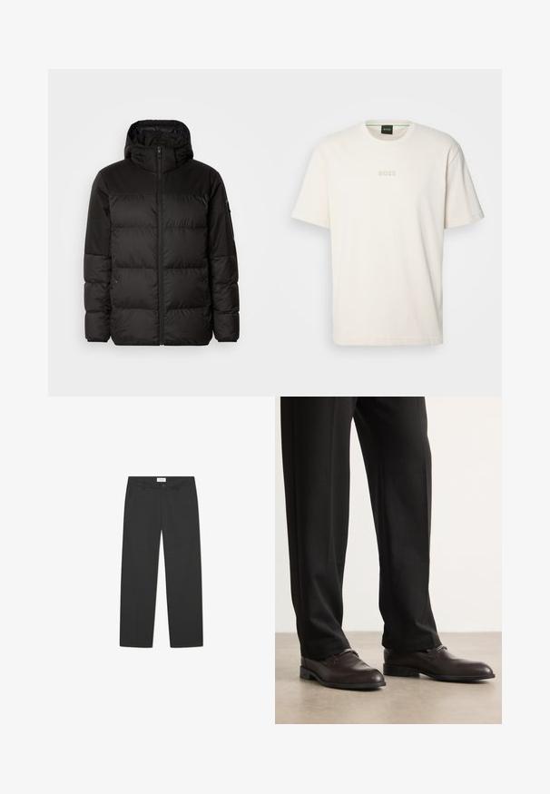 Melna pūkainā jakā iezīmes ir rāvējslēdzēja aizdare, kapuce, kvadrātveida šuves un elastīgas aproces, izgatavota no gludas, ūdensizturīgas vielas.; BOSS TEE - Pamata T-krekls - open white; Melni bikses, kas izgatavotas no viegla auduma. Tām ir taisnu kāju dizains ar platu priekšpusi, sānu kabatām un diskretu jostasvietu.; BOSS TAYIL - Lietišķa stila iešļūcenes - dark brown