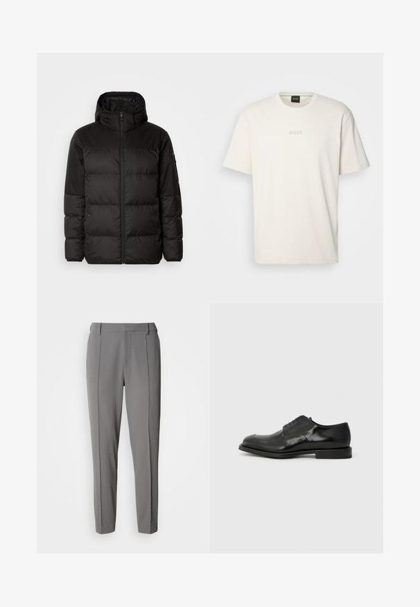 Crna puf jakna ima zatvaranje na zip, kapuljaču, kviltane dijelove i elastične manžete, izrađena je od glatkog, vodootpornog materijala.; BOSS TEE - Osnovna majica kratkih rukava - open white; Calvin Klein PULL ON - Hlače - pewter; Crne kožne cipele s visokim sjajem, zaobljenim vrhom, pet rupa za vezanje i ravnim gumenim đonom. Glatka tekstura s minimalnim detaljima.