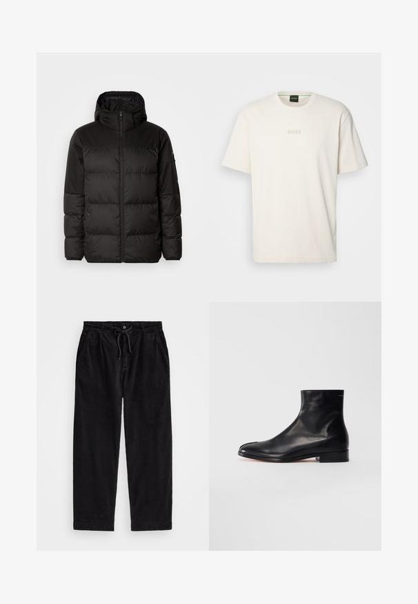 La chaqueta acolchada negra tiene un cierre de cremallera, capucha, secciones acolchadas y puños elásticos, hecha de un material suave y resistente al agua.; BOSS TEE - Camiseta básica - open white; Pantalones de pana negra con corte relajado, que cuentan con una cinturilla elástica con cordón ajustable y bolsillos laterales. La tela presenta una textura acanalada.; Botín de piel negra lisa con tacón bajo y punta redonda, mostrado de lado sobre un fondo blanco.