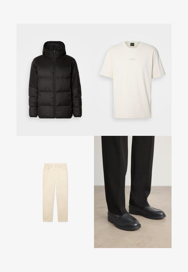 Geacă puffer neagră cu închidere cu fermoar, glugă, secțiuni quilted și manșete elastice, realizată dintr-un material neted, rezistent la apă.; BOSS TEE - Tricou basic - open white; Jeans din denim alb-bej cu croi drept, având cinci buzunare, închidere cu nasture și fermoar, și detalii de cusătură subtile.; Calvin Klein Pantofi slip-on - black