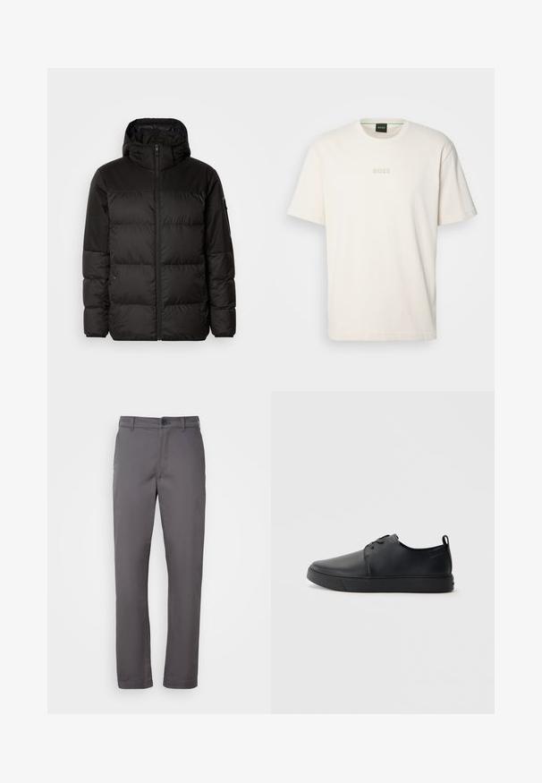 Black puffer jacket features a zip closure, a hood, quilted sections, and elastic cuffs, made from a smooth, water-resistant material.; BOSS TEE - Basic T-shirt - open white; Gray cotton blend trousers with a straight-leg cut, featuring a button closure and belt loops, smooth texture, and no visible patterns.; Black leather sneaker with a smooth finish, rounded toe, tonal stitching, lace-up front, and a flat rubber sole. Loop at the heel.