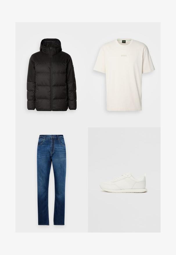 A fekete steppelt dzseki cipzáros záródással, kapucnival, steppelt részekkel és rugalmas mandzsettákkal rendelkezik, sima, vízálló anyagból készült.; BOSS TEE - Basic póló - open white; Kék egyenes szabású farmerruha, öt zsebbel, övpántokkal és gombos záródással, egyszínű fehér háttéren bemutatva.; Fehér sneaker hálós és szintetikus felsőrésszel, kerek orral, lapos fűzőkkel és textúrázott oldalsávval. Gumi talp hátul húzófüllel.