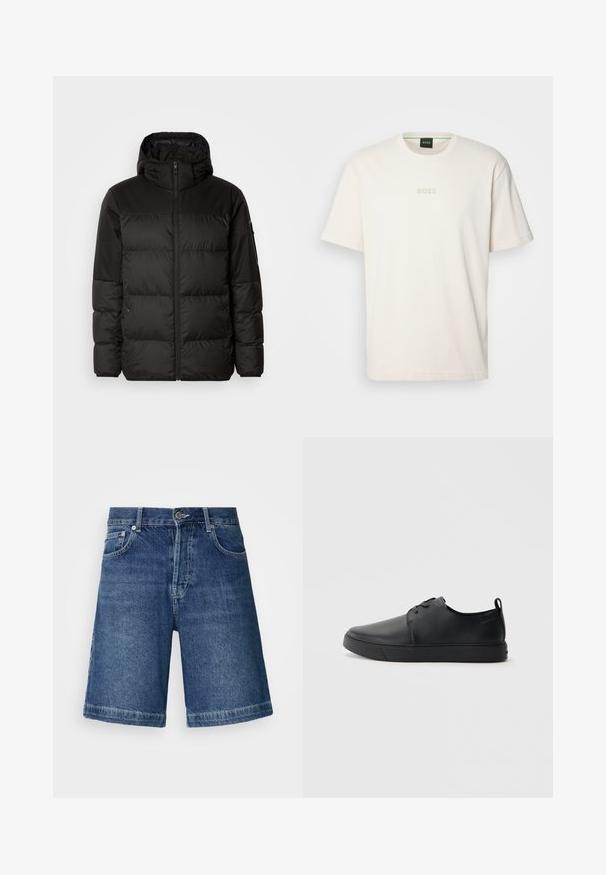 Crna puf jakna ima zatvaranje na zip, kapuljaču, kviltane dijelove i elastične manžete, izrađena je od glatkog, vodootpornog materijala.; BOSS TEE - Osnovna majica kratkih rukava - open white; Traperice kratke hlače tamnoplave boje, s ravnim krojem, dizajnom od pet džepova i prošivenim rubom. Uključuju kopčanje s prednjim gumbom i zatvaračem.; Crne kožne tenisice s glatkom površinom, zaobljenim vrhom, tonom prošivanja, vezanjem sprijeda i ravnim gumenim potplatom. Oko pete se nalazi učka.