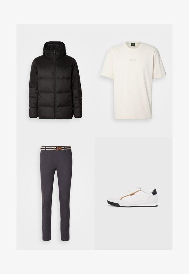 A fekete steppelt dzseki cipzáros záródással, kapucnival, steppelt részekkel és rugalmas mandzsettákkal rendelkezik, sima, vízálló anyagból készült.; BOSS TEE - Basic póló - open white; Sötétszürke, slim fit chino nadrág, csíkozott anyagú övvel, kerek fémcsattal és barna bőr részletekkel.; Fehér sportcipők, hálós és bőr díszítésekkel. Kiemelkedő arany "BOSS" logó, textúrázott oldalpanelekkel és fekete sarokkal. Gumi talp.