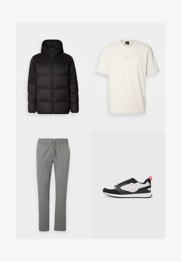 Čierna prešívaná bunda má zips, kapucňu, prešívané sekcie a elastické manžety, vyrobená z hladkého, vodeodolného materiálu.; BOSS TEE - Základné tričko - open white; Šedé, zúžené nohavice vyrobené z textúrovanej tkaniny. Majú elastický pás so šnúrkou, bez vreciek a hladký povrch.; Čierno-biele tenisky so zvrškom z semišu a sieťoviny, vybavené červeným pútkom a textúrovanou podrážkou. Šnurovací dizajn s detailom loga.