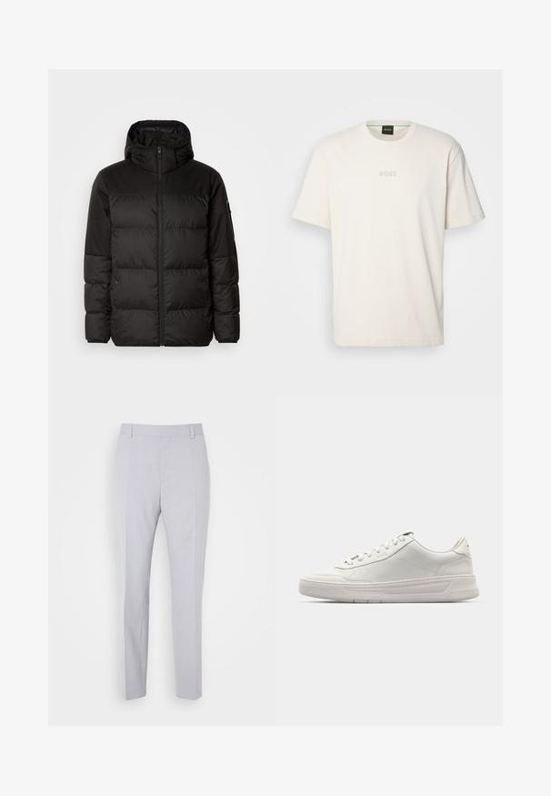Μαύρο μπουφάν με φερμουάρ, κουκούλα, παραγεμισμένα τμήματα και ελαστικές μανσέτες, κατασκευασμένο από λείο, αδιάβροχο υλικό.; BOSS TEE - Βασικό μπλουζάκι - open white; Ανοιχτό γκρι κομμένα παντελόνια με λεία υφή, επίπεδο μπροστινό μέρος και ίσια πόδια; περιλαμβάνει πιεσμένες πτυχώσεις και θηλιές ζώνης.; Λευκά αθλητικά παπούτσια με λείες δερμάτινες επιφάνειες, στρογγυλή μύτη, κλείσιμο με κορδόνια και παχύ καουτσούκ πάτο. Διακριτό λογότυπο στο πλάι.