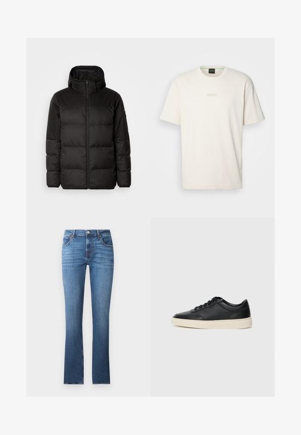 Čierna prešívaná bunda má zips, kapucňu, prešívané sekcie a elastické manžety, vyrobená z hladkého, vodeodolného materiálu.; BOSS TEE - Základné tričko - open white; Modré džínsy s rovnou nohavicou, so svetlým vyblednutím, piatimi vreckami a kovovými doplnkami. Pás obsahuje očka na opasok.; Čierne nízkoprevádzkové kožené tenisky s čiernymi šnúrkami a krémovou podrážkou zobrazené v bočnom profile na bielom pozadí.