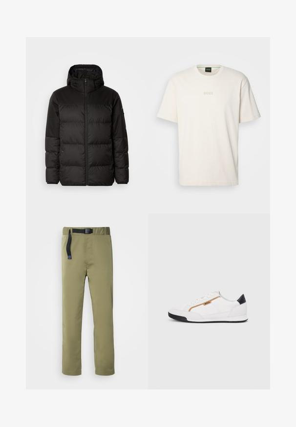 Crna puf jakna ima zatvaranje na zip, kapuljaču, kviltane dijelove i elastične manžete, izrađena je od glatkog, vodootpornog materijala.; BOSS TEE - Osnovna majica kratkih rukava - open white; Maslinasto zelene, lagane hlače s crnim podesivim pojasom, ravnog kroja i suptilnim detaljima šavova. Pogodne za aktivnosti na otvorenom.; Bijele atletske tenisice s mrežastim i kožnim detaljima. Imaju zlatni "BOSS" logo, teksturirane bočne panele i crnu kapicu na peti. Gumeni potplat.