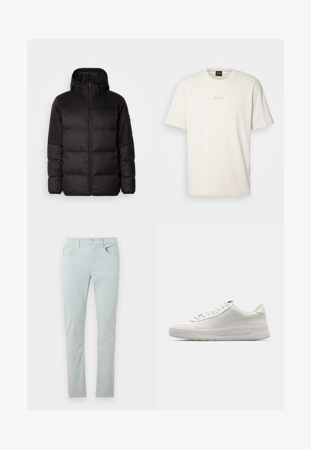A fekete steppelt dzseki cipzáros záródással, kapucnival, steppelt részekkel és rugalmas mandzsettákkal rendelkezik, sima, vízálló anyagból készült.; BOSS TEE - Basic póló - open white; Világoskék denim nadrág slim fit szabásban, öt zsebbel és elöl gombos záródással. Simás textúra diszkrét varrási részletekkel.; Fehér sportcipők sima bőr felsőrésszel, gömbölyű orral, fűzős záródással és vastag gumitalppal. Diszkrét logó az oldalon.