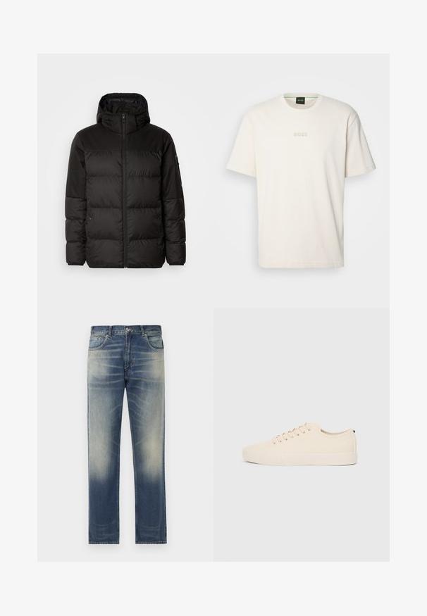 La chaqueta acolchada negra tiene un cierre de cremallera, capucha, secciones acolchadas y puños elásticos, hecha de un material suave y resistente al agua.; BOSS TEE - Camiseta básica - open white; Vaqueros de denim azul con corte recto, que presentan un ligero desgastado y detalles de desgaste en el frente, diseño de cinco bolsillos y presillas para el cinturón.; Zapatillas de lona beige con puntera redonda, suela de goma plana y cierre de cordones en la parte delantera. Presentan un diseño minimalista y un acento negro contrastante en el talón.