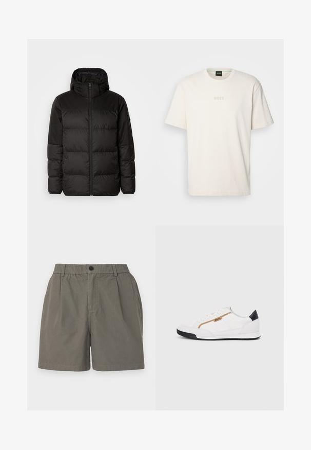 Melna pūkainā jakā iezīmes ir rāvējslēdzēja aizdare, kapuce, kvadrātveida šuves un elastīgas aproces, izgatavota no gludas, ūdensizturīgas vielas.; BOSS TEE - Pamata T-krekls - open white; Khaki šorti ar elastīgu jostasvīru, vienu pogu aizdari un divām sānu kabatām. Mīksts, viegls audums ar gludu tekstūru.; Baltijas krāsā baltas sporta kurpes ar acu un ādas akcentiem. Iezīmējas ar zelta "BOSS" logo, teksturētām sānu paneļiem un melnu papēža kapu. Gumijas zole.