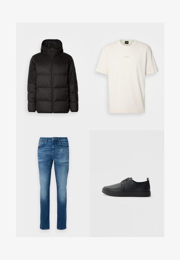 A jaqueta puffer preta apresenta um fecho zip, um capuz, secções acolchoadas e punhos elásticos, confeccionada em um material liso e resistente à água.; BOSS TEE - T-shirt básica - open white; Jeans slim fit em azul desbotado com fecho de botão e zíper, bolsos frontais e traseiros, e leve desgaste na coxa direita.; Sapatilha de couro preta com um acabamento liso, bico arredondado, costura ton sur ton, frente com atacadores e sola plana de borracha. Alça no calcanhar.