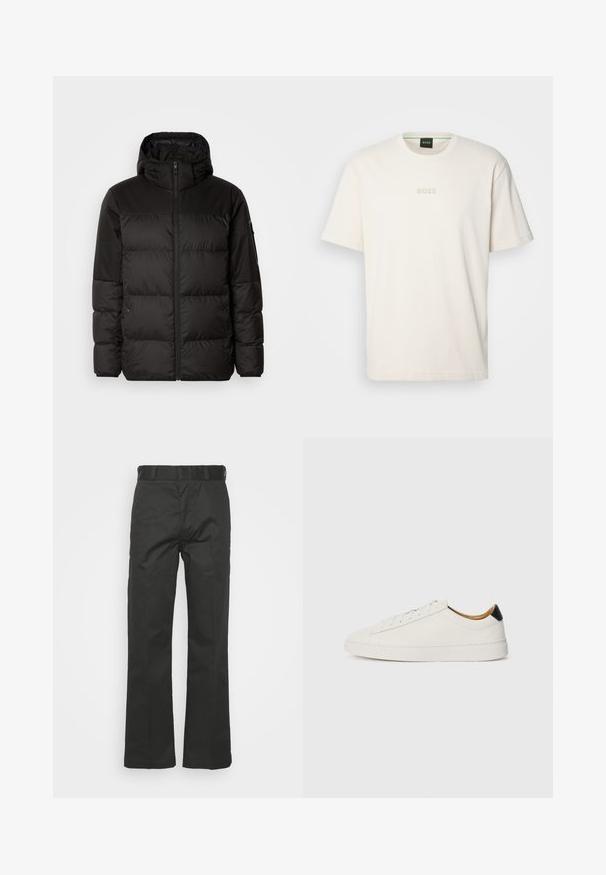 Melna pūkainā jakā iezīmes ir rāvējslēdzēja aizdare, kapuce, kvadrātveida šuves un elastīgas aproces, izgatavota no gludas, ūdensizturīgas vielas.; BOSS TEE - Pamata T-krekls - open white; Melni bikses, izgatavotas no gludas auduma, ar taisna kāju dizainu, jostas cilpām un redzamām šuvēm. Bez kabatām vai rakstiem.; Balti apavi ar gludu ādas augšdaļu, apaļu purngalu un plakanu zoli. Melns akcentus papēdī, ar tonālām šņorēm un minimālu zīmolu.