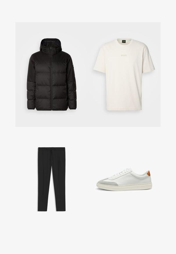 Schwarze Pufferjacke mit Reißverschluss, Kapuze, gesteppten Abschnitten und elastischen Bündchen, hergestellt aus einem glatten, wasserabweisenden Material.; BOSS TEE - T-Shirt basic - open white; Schwarze Hose mit elastischem Bund und Kordelzug. Figurbetonte Passform mit Seitentaschen und einem glatten, leichten Stoff.; Weiße Leder-Sneaker mit grauen Wildlederakzenten und einer sandfarbenen Lederfersenschlaufe. Sie verfügen über eine strukturierte Oberfläche und eine leichte Sohle.