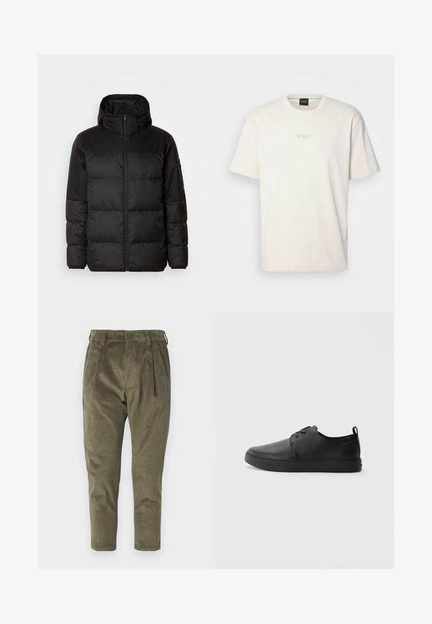 Black puffer jacket features a zip closure, a hood, quilted sections, and elastic cuffs, made from a smooth, water-resistant material.; BOSS TEE - Basic T-shirt - open white; Olive green corduroy pants with a relaxed fit, featuring pleats, an elastic waistband, and tapered legs. Textured fabric with vertical ribs.; Black leather sneaker with a smooth finish, rounded toe, tonal stitching, lace-up front, and a flat rubber sole. Loop at the heel.