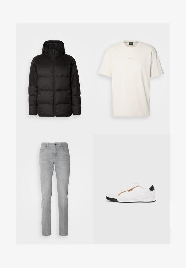 Il giubbotto puffo nero presenta una chiusura con zip, un cappuccio, sezioni trapuntate e polsini elastici, realizzato in un materiale liscio e resistente all'acqua.; BOSS TEE - T-shirt basic - open white; Jeans in denim grigio chiaro con design a gamba dritta, dotati di chiusura con bottone frontale, stile a cinque tasche e dettagli di scolorimento delicati.; Scarpe sportive bianche con accenti in rete e pelle. Presentano un logo dorato "BOSS", pannelli laterali testurizzati e un copri tallone nero. Suola in gomma.