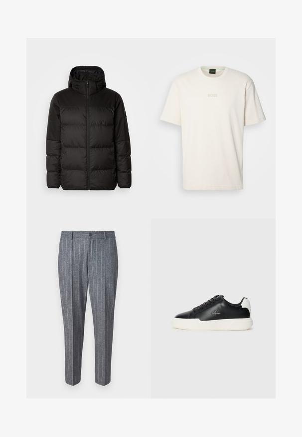 Black puffer jacket features a zip closure, a hood, quilted sections, and elastic cuffs, made from a smooth, water-resistant material.; BOSS TEE - Basic T-shirt - open white; Gray wool blend trousers with a pinstripe pattern, featuring a button closure, straight cut, and ankle-length design.; Black leather sneakers with white rubber sole. Features round toe, lace-up design, and logo detail on the side. Rear accent in white.