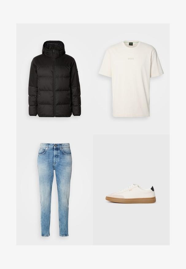 Čierna prešívaná bunda má zips, kapucňu, prešívané sekcie a elastické manžety, vyrobená z hladkého, vodeodolného materiálu.; BOSS TEE - Základné tričko - open white; Svetlomodré denimové džínsy s vyblednutým umývaním, rovný strih, päť vreciek a kovová gombíková priehradka. Jemné zalehnutie pri bokoch.; Biele tenisky s béžovými akcentmi, hladký kožený zvršok, zaoblená špička a gumená podošva, s čiernym pätkom a jemným brandingom.