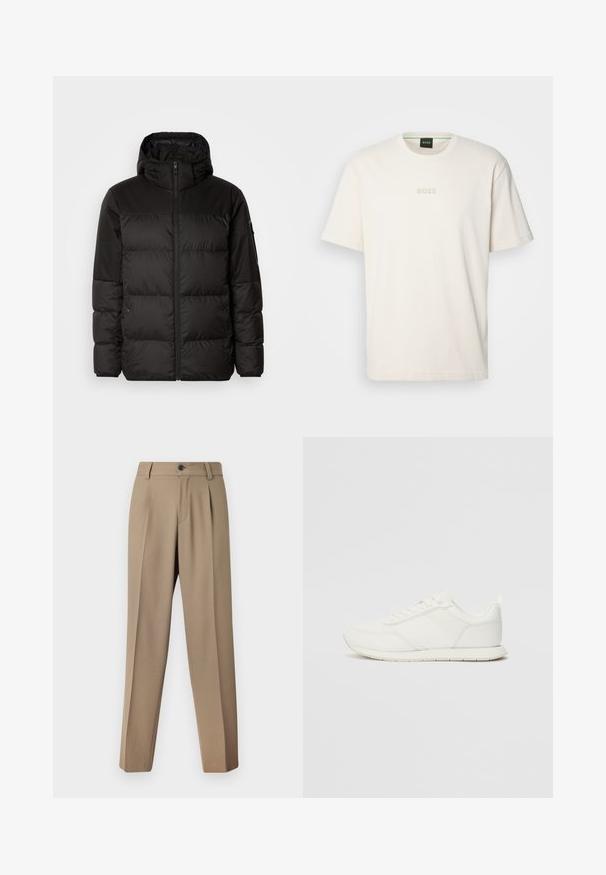 A fekete steppelt dzseki cipzáros záródással, kapucnival, steppelt részekkel és rugalmas mandzsettákkal rendelkezik, sima, vízálló anyagból készült.; BOSS TEE - Basic póló - open white; Beige, frontlapos, testre szabott nadrág, strukturált derékkal és egygombos záródással. Az anyag sima és enyhén textúrált.; Fehér sneaker hálós és szintetikus felsőrésszel, kerek orral, lapos fűzőkkel és textúrázott oldalsávval. Gumi talp hátul húzófüllel.