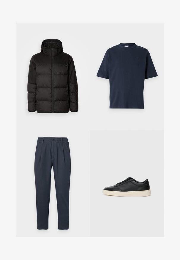 Musta puhvijakku sisältää vetoketjun, hupun, tilkuista koostuvia osioita ja joustavat hihansuut. Se on valmistettu sileästä, vedenpitävästä materiaalista.; T-paita, jossa on lyhyet hihat, tummansinisestä puuvillasta. Ominaisuuksia ovat pyöreä kaula-aukko ja hillitty logo rinnassa. Suora leikattu malli ilman kuvioita.; Tummansiniset housut, joissa on teksturoitu kangas, litteä etuosa ja kapeneva lahkeiden muoto. Varustettu napilla suljettavalla vyötäröllä ja sivutaskuilla.; Musta matalavartinen nahkastretchu, jossa on mustat nauhat ja vaaleanharmaa pohja, esitetty sivuprofiilissa valkoista taustaa vasten.