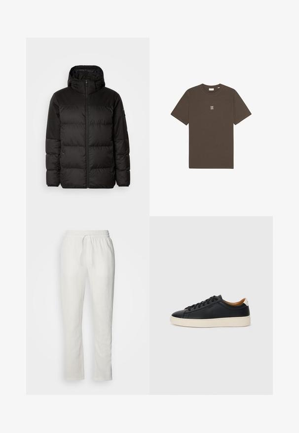 Čierna prešívaná bunda má zips, kapucňu, prešívané sekcie a elastické manžety, vyrobená z hladkého, vodeodolného materiálu.; Hnedé bavlnené tričko s okrúhlym výstrihom a krátkymi rukávmi, so bielou grafikou "II" umiestnenou na hrudi.; Les Deux PATRICK PANTS - Nohavice - white; Čierne kožené tenisky s hladkou textúrou, béžová gumová podrážka, viazanie a kontrastný akcent na päte.