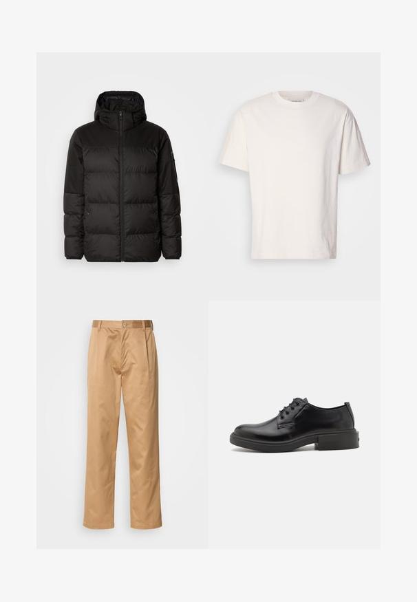 La doudoune noire est dotée d'une fermeture éclair, d'une capuche, de sections matelassées et de poignets élastiques, fabriquée à partir d'un matériau lisse et résistant à l'eau.; T-shirt en coton couleur crème avec un col ras du cou. Manches courtes et coupe décontractée. Présente un petit logo sur le col. Texture lisse.; Pantalons khaki, en mélange de coton, coupe droite, plis avant, passants de ceinture et fermeture à bouton. Texture lisse sans motifs.; Chaussures en cuir noir avec une finition lisse, un bout arrondi, un laçage et un petit talon carré. Présente des coutures discrètes et une silhouette structurée.