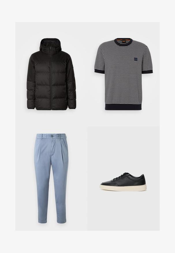 Zwarte pufferjas met ritsluiting, een capuchon, gequiltte secties en elastische manchetten, gemaakt van een glad, waterafstotend materiaal.; Korte mouwen marineblauwe en witte gestreepte gebreide T-shirt met een ronde halslijn en een klein vierkant logo-opdruk op de linkerborst.; Lichtblauwe, taps toelopende broek van soepel stof met een vlakke voorkant, plooien en een knoopsluiting. Bevat zijzakken en omgeslagen hems.; Zwarte leren sneaker met lage schacht, zwarte veters en off-white zool, weergegeven in zijprofiel op een witte achtergrond.