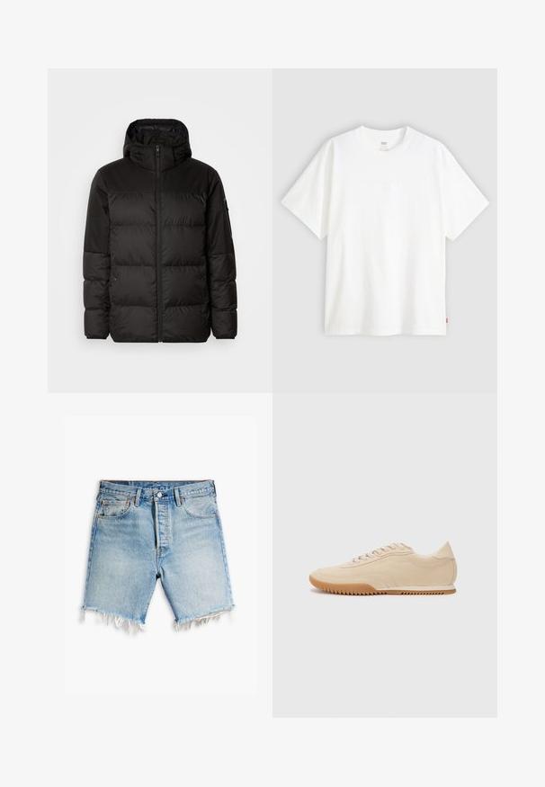 Musta puhvijakku sisältää vetoketjun, hupun, tilkuista koostuvia osioita ja joustavat hihansuut. Se on valmistettu sileästä, vedenpitävästä materiaalista.; Valkoinen lyhythihainen t-paita, joka on valmistettu puuvillasta ja jossa on pyöreä pääntie. Etupuolella on hienovarainen kohokuvioitu logo ja helmassa punainen etiketti.; Vaaleansiniset farkkushortsit, joissa on purjehdukerrokset, etupainike, vetoketjukiinnitys, vyölenkit ja viiden taskun muotoilu.; Vaaleanbeige mokkanahkakengät, joissa on virtaviivainen muotoilu, teksturoitu päällinen, pyöreä kärki ja kumipohja, jossa on zikzak-kuvio.