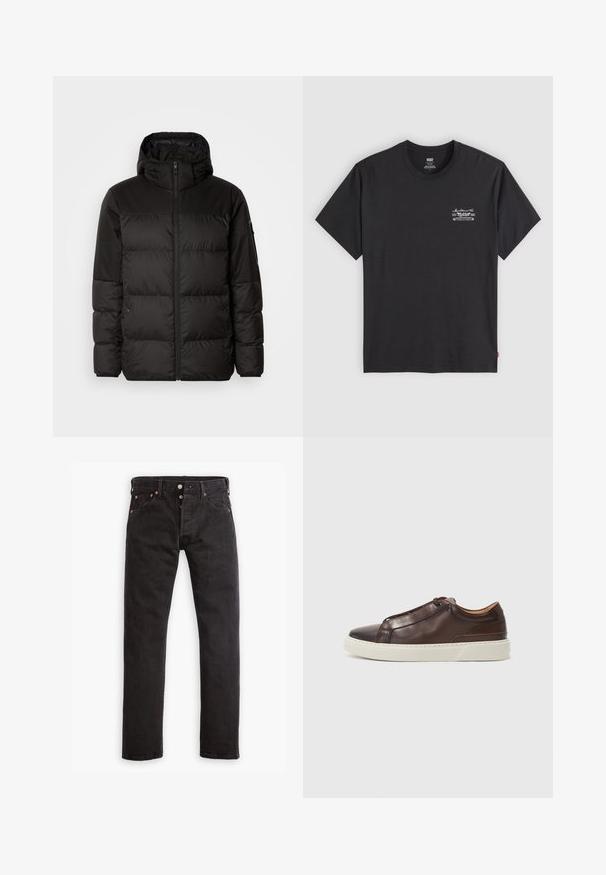 Black puffer jacket features a zip closure, a hood, quilted sections, and elastic cuffs, made from a smooth, water-resistant material.; Black cotton t-shirt with short sleeves and a round neck. Features a small white graphic print on the left chest. Smooth texture.; Black slim-fit jeans with button fly, five pockets, and copper rivets laid flat on a white background.; Brown leather sneaker with a rounded toe, contrasting white rubber sole, stitched accents, and no visible laces. Smooth texture overall.