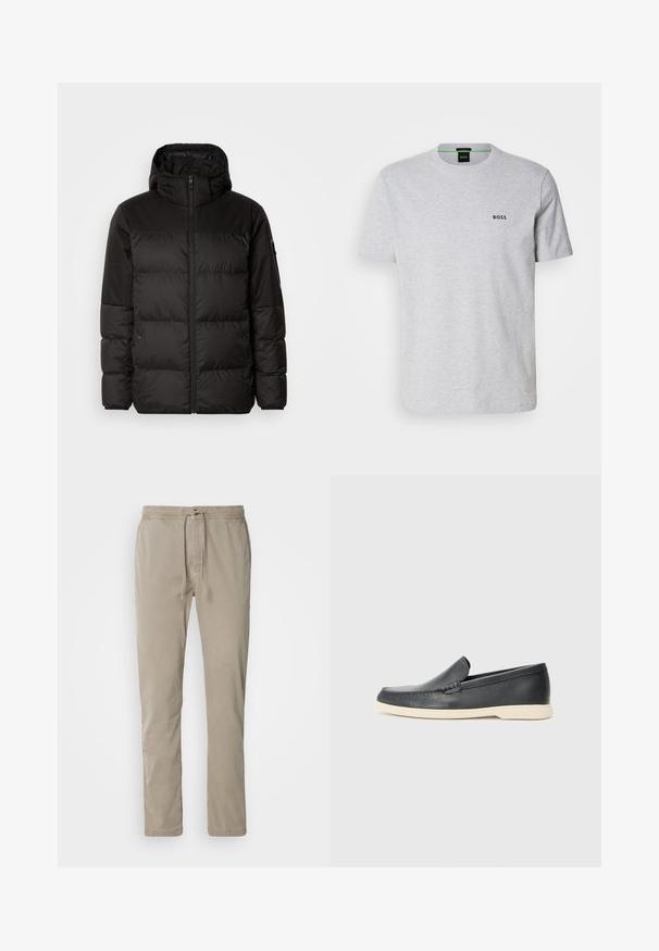 Schwarze Pufferjacke mit Reißverschluss, Kapuze, gesteppten Abschnitten und elastischen Bündchen, hergestellt aus einem glatten, wasserabweisenden Material.; Grau Baumwoll-T-Shirt mit rundem Halsausschnitt, kurzen Ärmeln und kleinem schwarzen "BOSS"-Logo auf der Brust. Glatte Textur, lässiges Design.; Beige, leichte Hose mit einem elastischen Bund und Zugband. Gerades Bein Design, glatte Textur und keine sichtbaren Muster oder Akzente.; Schwarze Leder-Slipper mit strukturiertem Finish und einer kontrastierenden beige Gummisohle. Mit einem dezenten Akzent an der Vorderseite.