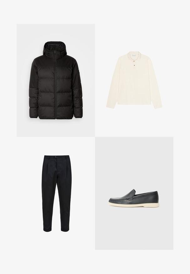 Czarna kurtka puchowa z zapięciem na zamek, kapturem, pikowanymi sekcjami i elastycznymi mankietami, wykonana z gładkiego, wodoodpornego materiału.; Koszulka polo z długim rękawem w kolorze kremowym, z płaskim kołnierzykiem, zapięciem na trzy guziki w odcieniu złota oraz miękkim, teksturowanym materiałem.; Czarne spodnie wykonane z gładkiego materiału, z plisowanym przodem, zwężanym krojem i podwiniętymi mankietami. Proste zapięcie na guzik w talii.; Czarne skórzane slip-ony w stylu loafers z teksturowanym wykończeniem i kontrastującą beżową gumową podeszwą. Posiadają delikatny akcent wzdłuż przodu.