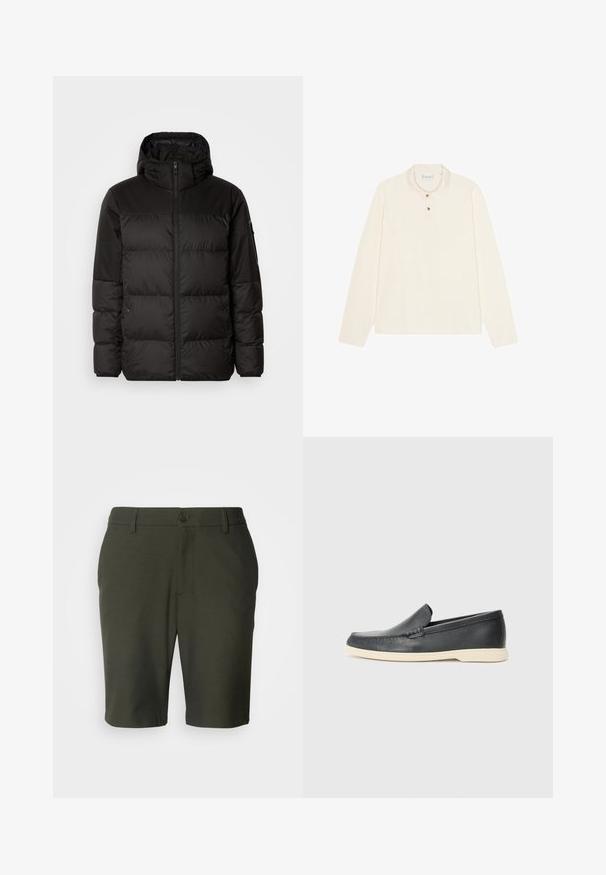 Černá péřová bunda má zipový uzávěr, kapuci, prošívané části a elastické manžety, vyrobená z hladkého, voděodolného materiálu.; Polo tričko s dlouhým rukávem v krémové barvě, s plochým límcem, zapínáním na tři knoflíky se zlatými prvky a měkkou, strukturovanou tkaninou.; Les Deux COMO SEASONAL - Šortky - deep forest/charcoal; Černé kožené mokasíny na klínku s texturovaným povrchem a kontrastní béžovou gumovou podrážkou. Vyznačují se jemným akcentem podél přední části.