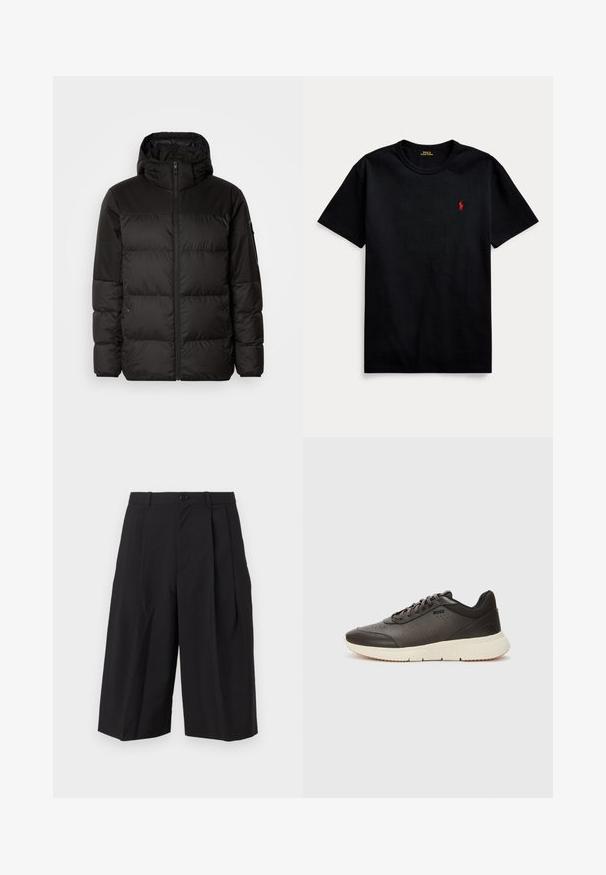 Mustikas puffer-jakk sisaldab tõmblukku, kapuutsi, tikandiga osi ja elastseid mansette, valmistatud siledast veekindlast materjalist.; Must have lühikeste varrukatega must puuvillane T-särk, ümmargune kaelus ja väike punane tikitud logo vasakul rinnal. Sile tekstuur, lõdva disainiga.; Mustad kortsid, mis on valmistatud sileda tekstuuriga kangast, esise lihtsa nööpkinnitusega ja laiade, lõdvema jalaga.; Tumedast pruunist tennisest, millel on tekstuuriga nahk ülaosa, aukudega detailid ja kerge kreemjas tald. Omab paelu ja tagasihoidlikku brändimist.