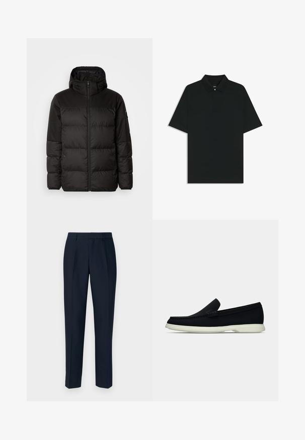 Il giubbotto puffo nero presenta una chiusura con zip, un cappuccio, sezioni trapuntate e polsini elastici, realizzato in un materiale liscio e resistente all'acqua.; Polo shirt nera realizzata in tessuto liscio con maniche corte a raglan, colletto classico e chiusura a un bottone sul collo.; Pantaloni navy su misura con taglio dritto, dotati di pieghe frontali, texture liscia e passanti per cintura standard.; Scarpa nera slip-on con punta arrotondata, caratterizzata da una tomaia texture, una suola bianca liscia e un discreto logo sul lato.